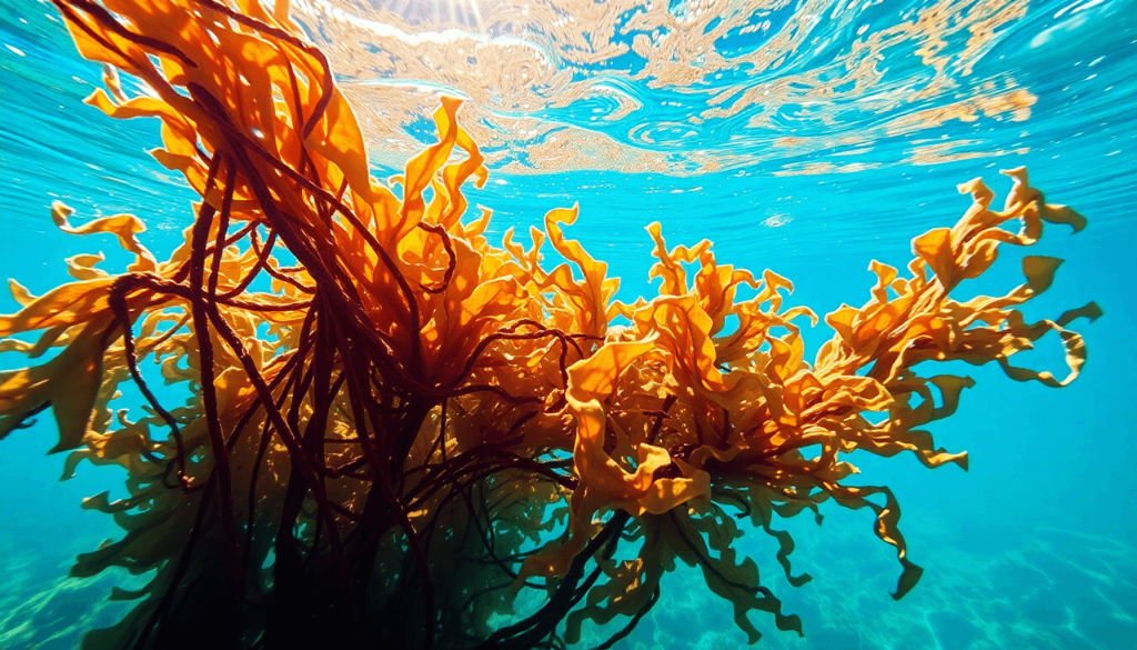 A minimalist underwater scene featuring diverse seaweeds in clear blue water, with sunlight filtering through and a subtle blockchain graphic symbolizing transparency and sustainability