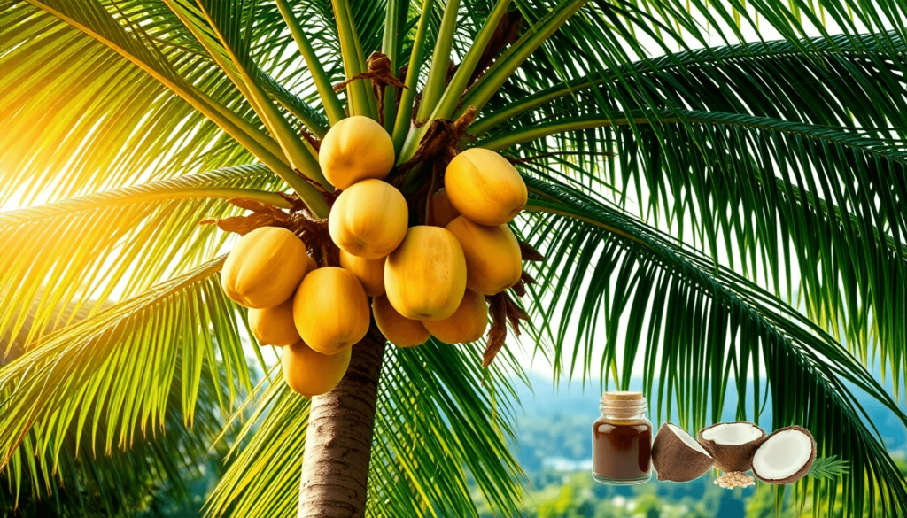Pohon kelapa dengan buah berwarna kuning keemasan yang matang di bawah sinar matahari tropis. Di bagian bawah gambar, terdapat produk berbasis kelapa, termasuk minyak kelapa dalam botol kaca, kelapa yang telah dibelah, dan bahan-bahan alami lainnya, yang mencerminkan peran kelapa dalam nutrisi modern dan pengobatan tradisional Indonesia