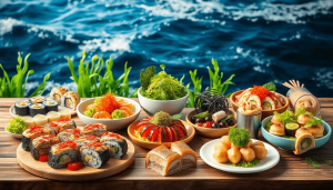 A colorful arrangement of gourmet seaweed dishes, including sushi, salads, and desserts, on a wooden table with ocean waves and green seaweed in the background.