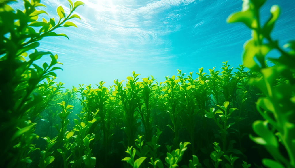 Hamparan rumput laut hijau di bawah laut dengan cahaya matahari yang menembus air biru jernih, mencerminkan potensi besar dalam pengembangan produk baru seperti bioavtur berbasis rumput laut yang sedang dalam tahap perencanaan
