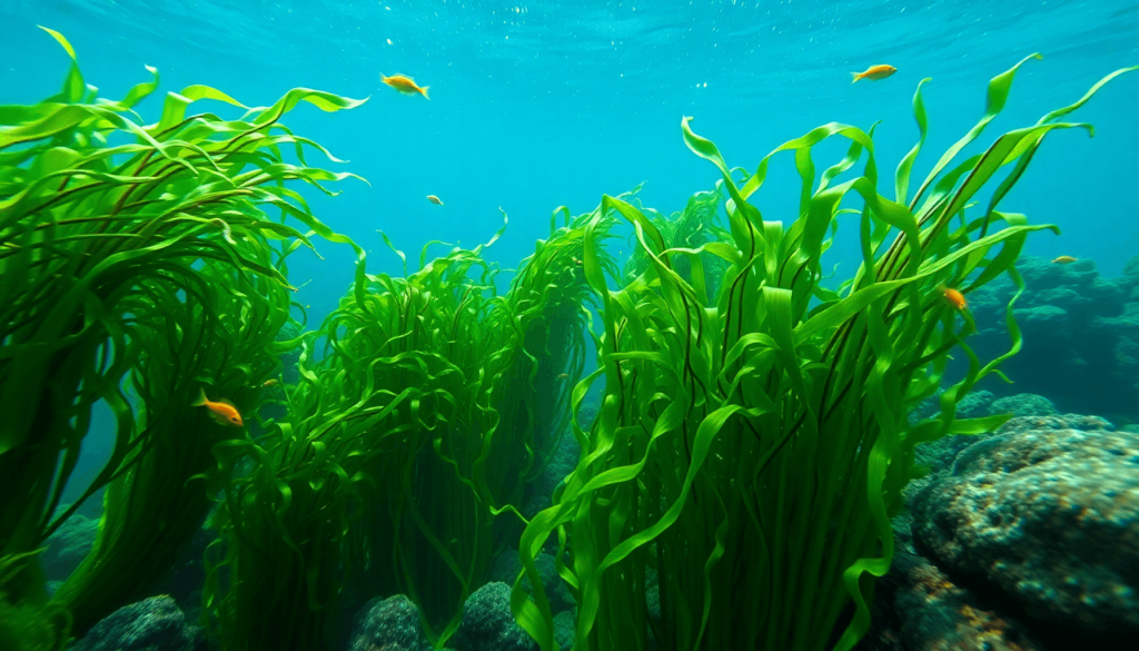 Hamparan rumput laut hijau yang melambai di dasar laut, dikelilingi ikan kecil, mencerminkan potensi besar industri rumput laut Indonesia yang menghadapi tantangan persaingan global dan akses pasar yang terbatas