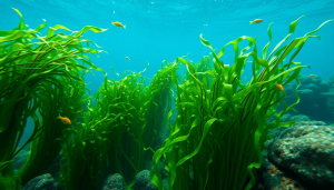 Hamparan rumput laut hijau yang melambai di dasar laut, dikelilingi ikan kecil, mencerminkan potensi besar industri rumput laut Indonesia yang menghadapi tantangan persaingan global dan akses pasar yang terbatas