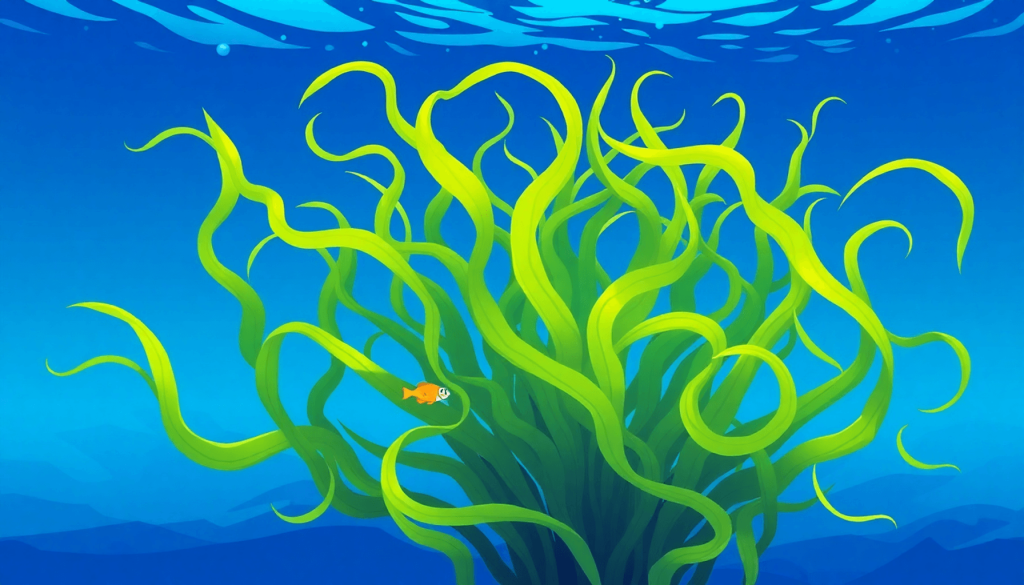 Ilustrasi rumput laut hijau yang tumbuh subur di bawah laut, mencerminkan upaya Kementerian Kelautan dan Perikanan (KKP) dalam mengembangkan model budidaya rumput laut di berbagai lokasi untuk meningkatkan produktivitas