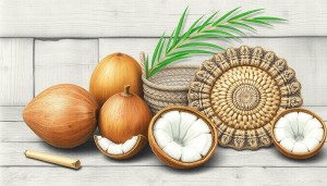 Various coconut-based products, including handicrafts made from coconut fiber (coco fiber), showcasing the potential for industrial and artisanal utilization.