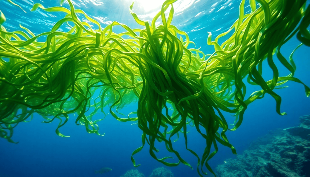 Gumpalan ganggang hijau panjang yang mengalir di bawah air jernih dengan latar belakang laut biru cerah, diterangi oleh cahaya matahari dari permukaan
