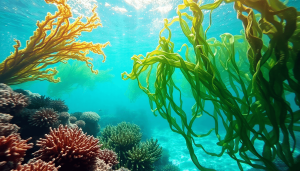 A vibrant underwater scene with various shades of green and brown seaweed, soft sunlight filtering through clear water, coral formations, and small marine life.