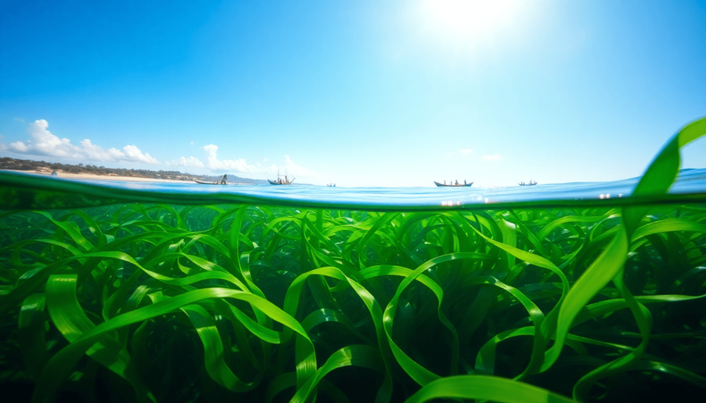 A vibrant underwater scene with lush green seaweed swaying, floating rafts for cultivation, and distant fishermen, showcasing harmony between nature and community development.