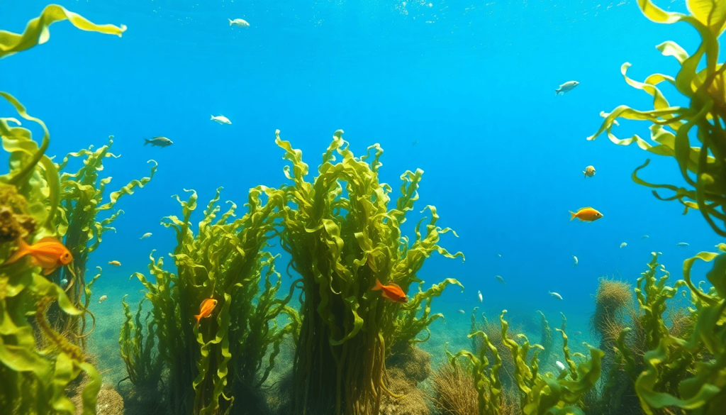 A vibrant underwater scene of a seaweed farm with lush Eucheuma cottonii plants, colorful fish, and diverse plankton in clear blue waters, highlighting a rich ecosystem.