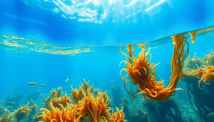 A vibrant underwater scene of a thriving seaweed farm with diverse species, colorful marine life, and sunlight filtering through the water, symbolizing ecological balance and sustainability.