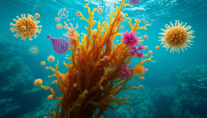 A vibrant underwater scene featuring healthy seaweed surrounded by colorful, abstract shapes representing marine bacteria, highlighting natural beauty and ocean health.
