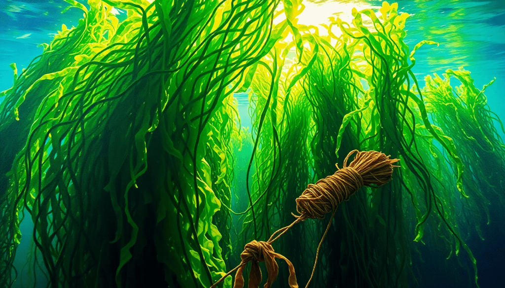Underwater view of cultivated seaweed tied with ropes, symbolizing the government's initiative to promote seaweed downstreaming and increase its added value