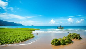 Hamparan rumput laut yang dikeringkan di tepi pantai dengan latar belakang perahu nelayan, mencerminkan upaya pemerintah dalam mempertimbangkan kebijakan untuk mendorong pengolahan rumput laut dalam negeri
