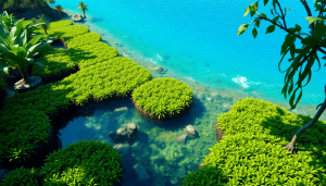 Pemandangan kebun bibit rumput laut berbasis kultur jaringan (KBRL) di tepi laut dengan air jernih, mencerminkan upaya dalam memastikan ketersediaan bibit unggul untuk meningkatkan produktivitas.