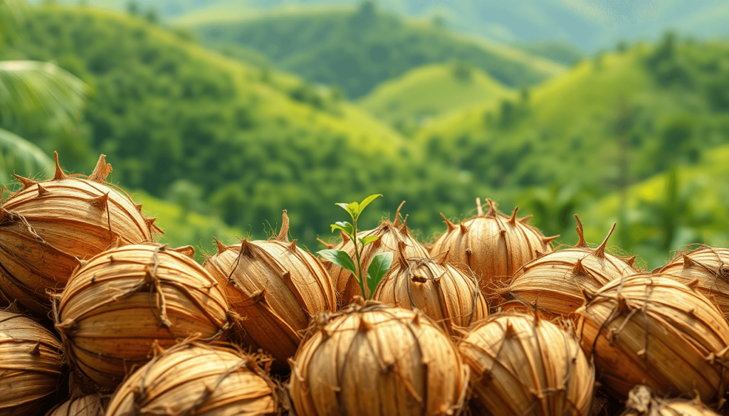"Dried coconut husks arranged in a natural setting, highlighting their potential for transformation into value-added products such as eco-friendly materials and handicrafts."