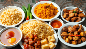 A colorful spread of traditional Indonesian dishes, prominently featuring Nasi Goreng and Nasi Uduk, with fried rice, coconut milk, fried tofu, sambal, and fresh vegetables.