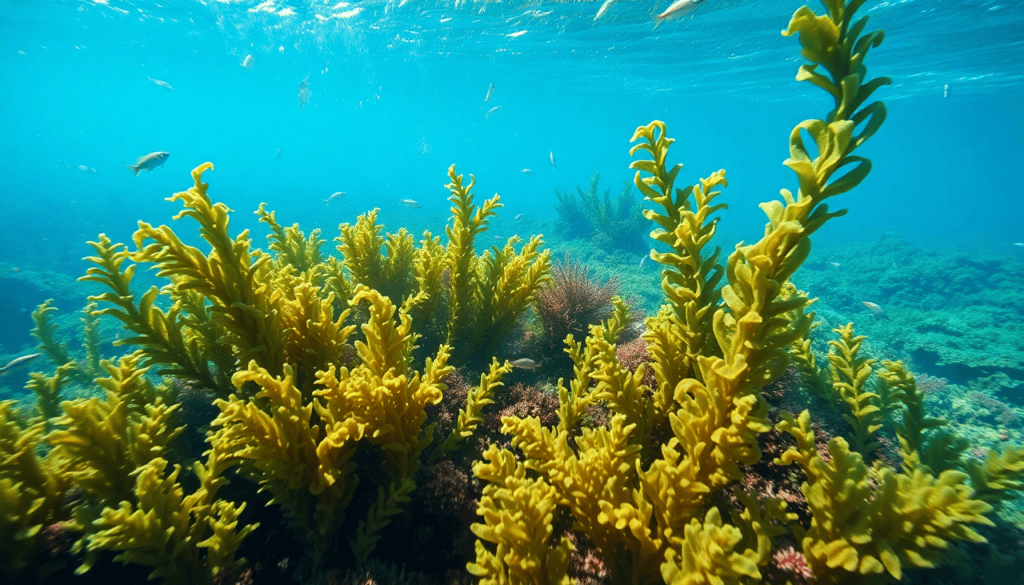 Hamparan rumput laut berwarna keemasan tumbuh subur di dasar laut yang jernih, dikelilingi ikan kecil, mencerminkan tantangan produksi dan kualitas bibit rumput laut yang terdampak perubahan iklim dan cuaca sejak 2020