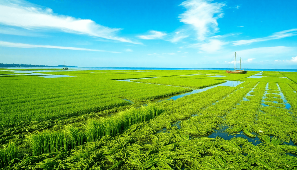 Lanskap sawah terapung yang hijau subur dengan pola petakan air yang mengalir di antaranya, dihiasi dengan perahu layar kayu di kejauhan dan langit biru cerah di atasnya.