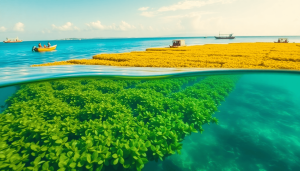 Pemandangan perkebunan rumput laut yang luas di perairan biru jernih, dengan tanaman hijau subur di bawah permukaan dan hamparan rumput laut kuning keemasan di atas air, mencerminkan pemanfaatan lahan budidaya rumput laut yang baru mencapai 0,8% dari total potensi 12 juta hektar.