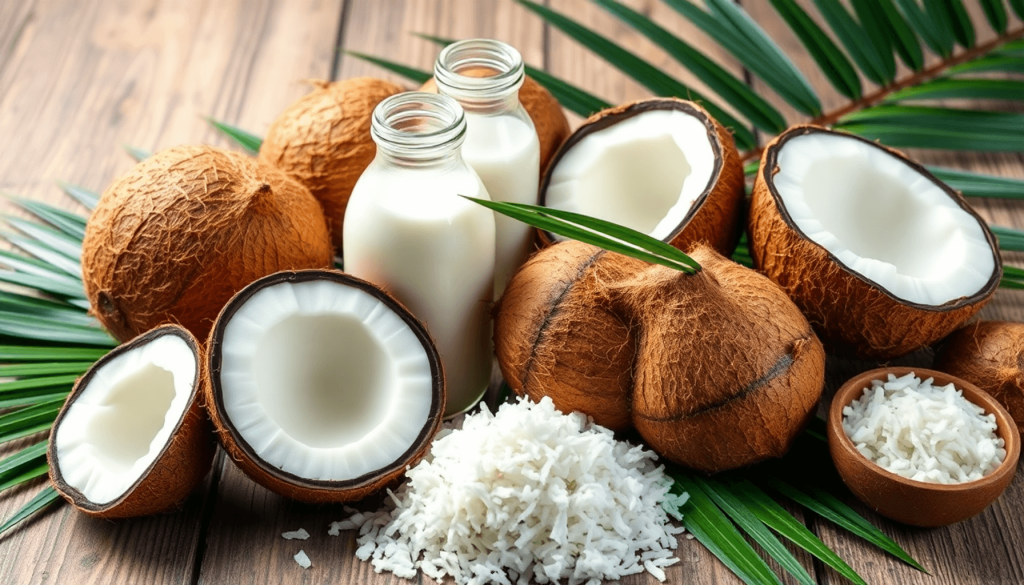 Sebuah tampilan warna-warni dari produk-produk kelapa, termasuk minyak, susu, dan kelapa parut, disusun di atas latar belakang kayu dengan kelapa segar dan daun palem hijau.