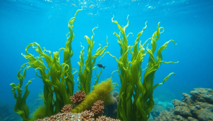 Pemandangan bawah laut yang indah dengan ganggang hijau panjang yang melambai, terumbu karang berwarna-warni, dan seekor ikan kecil berenang di tengah air biru jernih
