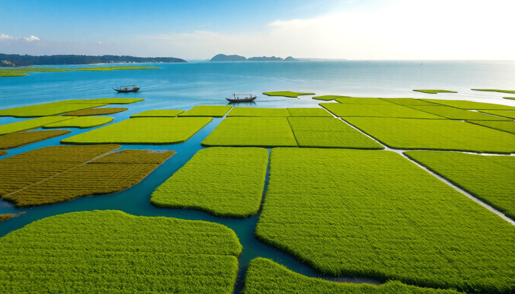 Hamparan sawah hijau yang terbagi dalam petak-petak mengapung di atas air, dengan perahu nelayan berlayar di antara ladang, serta latar belakang laut biru dan perbukitan di kejauhan.