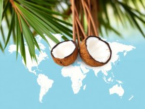 "Symbolic representation of coconut farmers' integration into the global supply chain, highlighting the worldwide reach of coconut products."