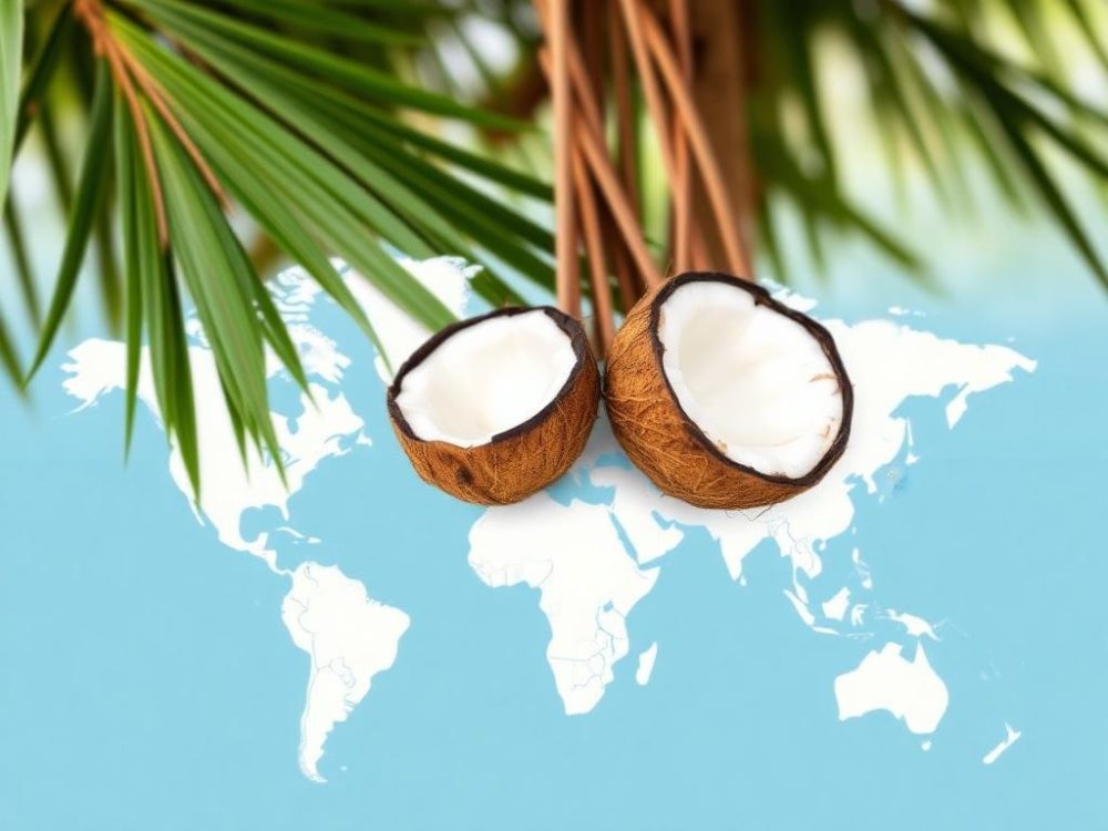 "Symbolic representation of coconut farmers' integration into the global supply chain, highlighting the worldwide reach of coconut products."