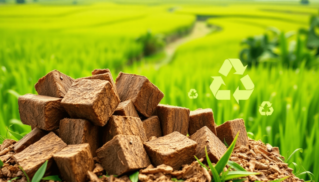 Biomass briquettes made from nutmeg and coconut shell waste displayed against lush green fields, with symbols of sustainability like leaves and recycling icons.