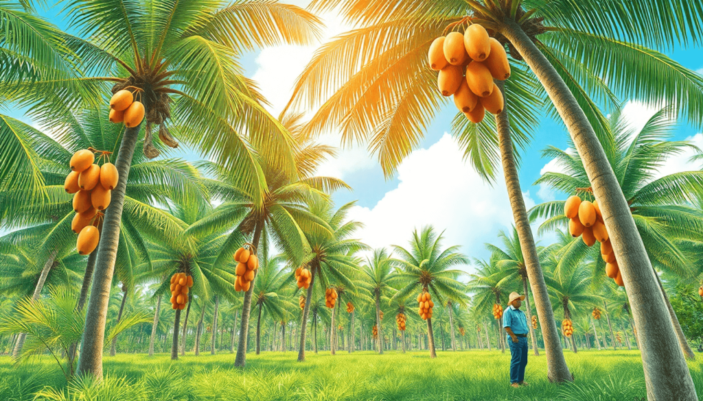 A pencil drawing of a lush coconut plantation with tall trees, ripe coconuts, and a farmer inspecting the crops under bright blue skies, highlighting sustainability and productivity.
