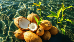 Artistic arrangement of coconut husks against clear water and aquatic plants, symbolizing sustainable wastewater treatment and innovation in eco-friendly textiles.