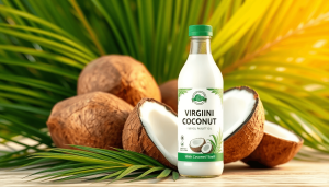 A 3D render of fresh coconuts and green palm leaves, featuring a bottle of virgin coconut oil in the foreground, set against a tropical backdrop.