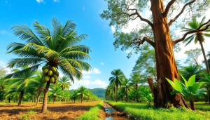 A vibrant digital artwork of a coconut plantation beside a mahogany grove, featuring lush green trees, healthy soil, and an irrigation system, showcasing sustainable agriculture.