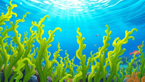 A colorful cartoon underwater scene with lush green seaweed swaying in clear blue water, sunlight filtering through, and hints of vibrant marine life in the background.
