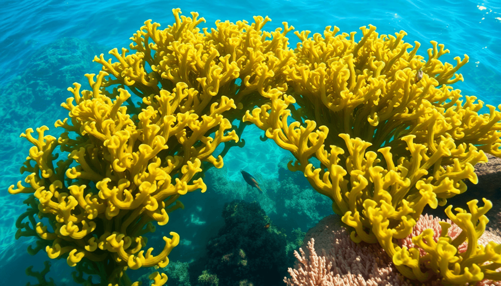 A vibrant coastal scene showcasing lush Sargassum seaweed in clear blue waters, accompanied by small marine animals and coral, symbolizing ecological harmony and sustainability.