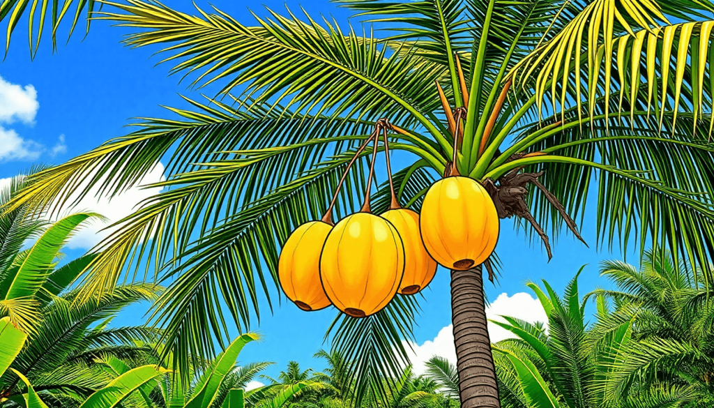 A one-line drawing of a coconut palm tree with coconuts against a sunny blue sky and lush green tropical vegetation, highlighting biodiversity.