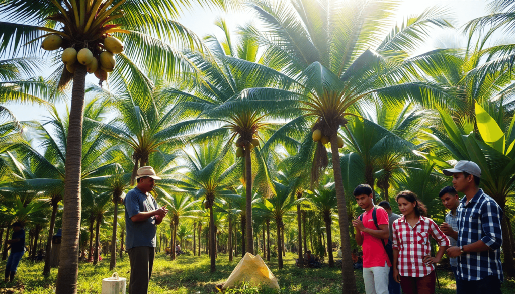 A vibrant coconut plantation with tall trees and ripe coconuts. A farmer inspects the trees while younger farmers collaborate nearby, showcasing community and sustainable practices under bright sunlight.
