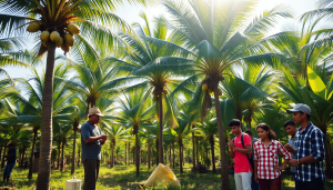 A vibrant coconut plantation with tall trees and ripe coconuts. A farmer inspects the trees while younger farmers collaborate nearby, showcasing community and sustainable practices under bright sunlight.