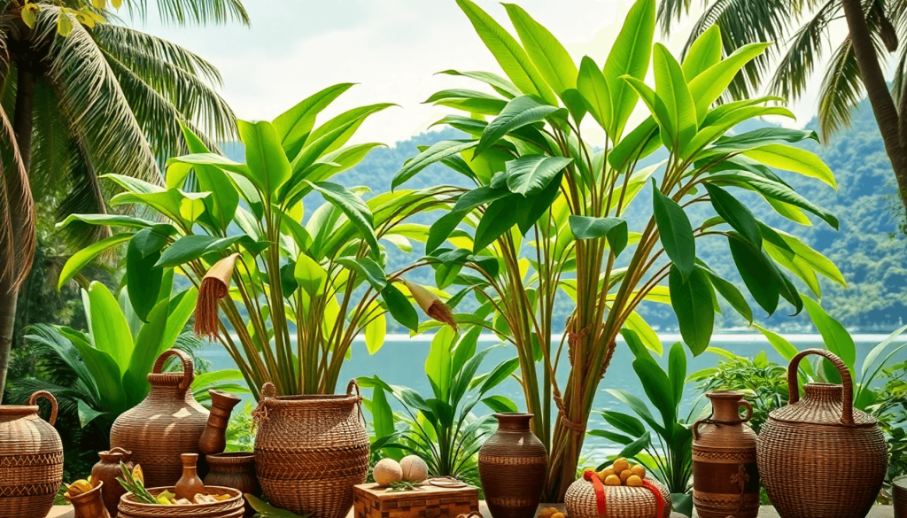 A minimalist tropical scene featuring a kratom tree with lush green leaves, woven baskets, and cultural artifacts, symbolizing community and heritage