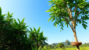 vibrant tropical forest in Indonesia with lush kratom trees under a clear blue sky, featuring traditional farming tools and baskets amidst the natural beauty