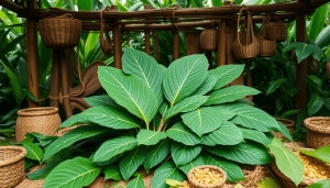 Kratom leaves in a traditional Southeast Asian setting, surrounded by woven baskets and local crafts, with lush greenery in the background reflecting natural beauty.