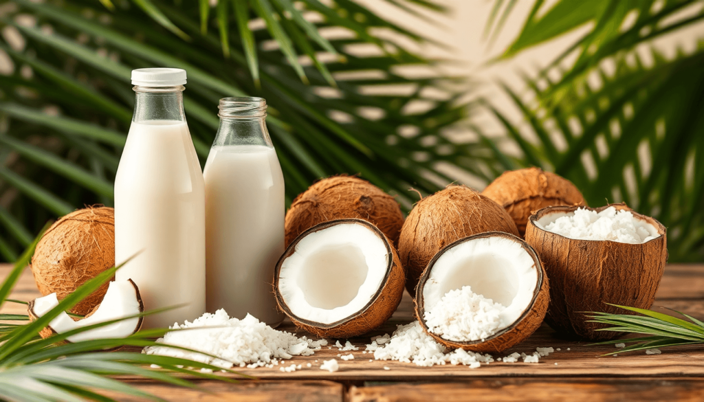 Susunan estetika produk kelapa termasuk air, minyak, susu, dan kelapa parut di atas meja kayu, dikelilingi oleh daun tropis untuk suasana segar dan alami.