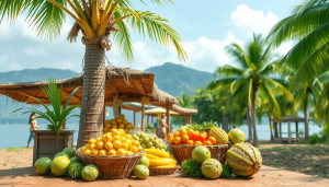 Pasar kelapa yang ramai dengan produk berbasis kelapa, seperti minyak dan air kelapa, dikelilingi oleh kelapa segar dan daun hijau, menciptakan suasana segar dan sehat.