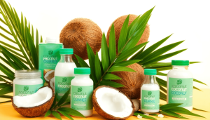An artistic arrangement of coconut products including oil, water, milk, and sugar, surrounded by green leaves and eco-friendly packaging on a bright tropical background.