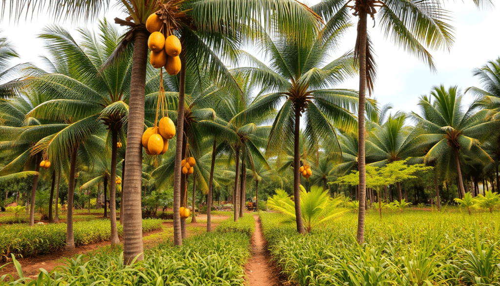 A vibrant coconut plantation with tall trees and hanging coconuts, surrounded by diverse crops, showcasing sustainable agroforestry in a vintage style.