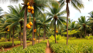 A vibrant coconut plantation with tall trees and hanging coconuts, surrounded by diverse crops, showcasing sustainable agroforestry in a vintage style.