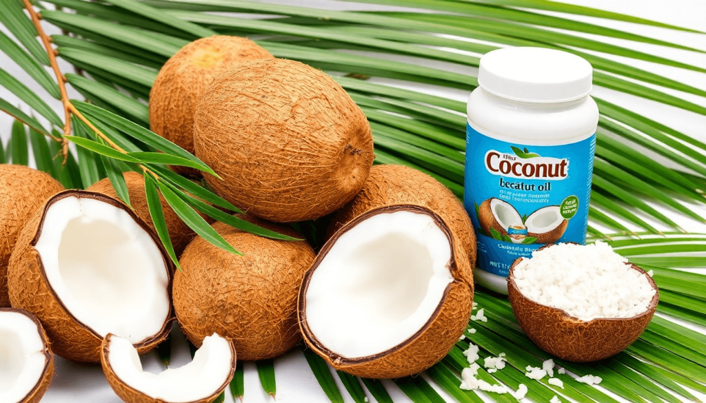 A bright image of whole coconuts alongside coconut oil and shredded coconut, set against tropical palm leaves, conveying a fresh and healthy vibe.