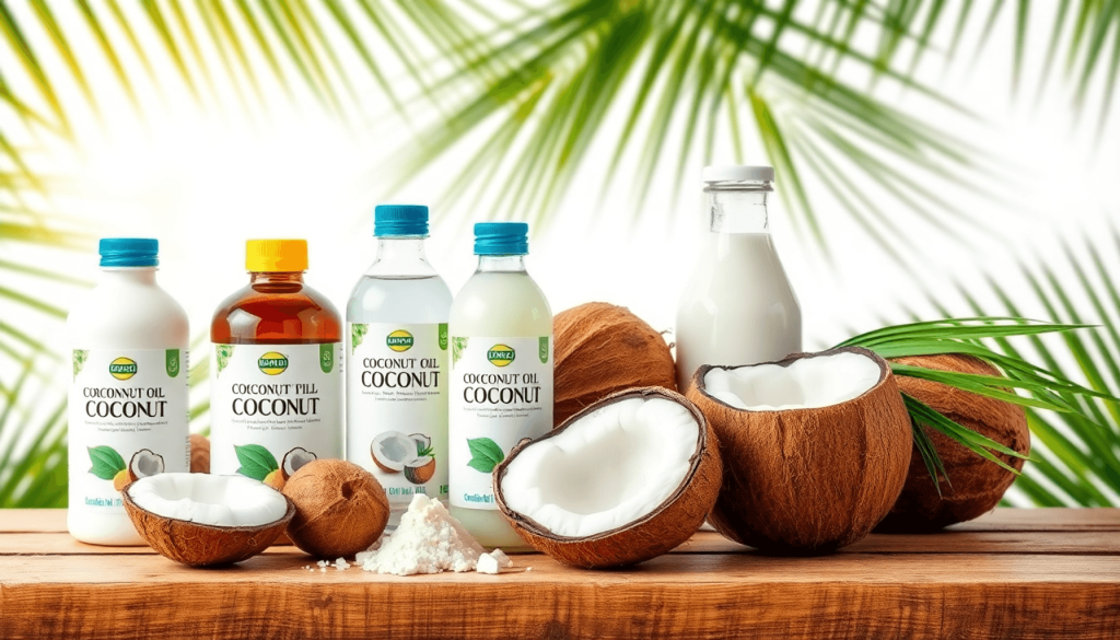 Aesthetic arrangement of coconut products, including oil, water, and milk, on a wooden surface surrounded by palm leaves and sunlight for a tropical feel.