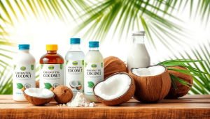 Aesthetic arrangement of coconut products, including oil, water, and milk, on a wooden surface surrounded by palm leaves and sunlight for a tropical feel.