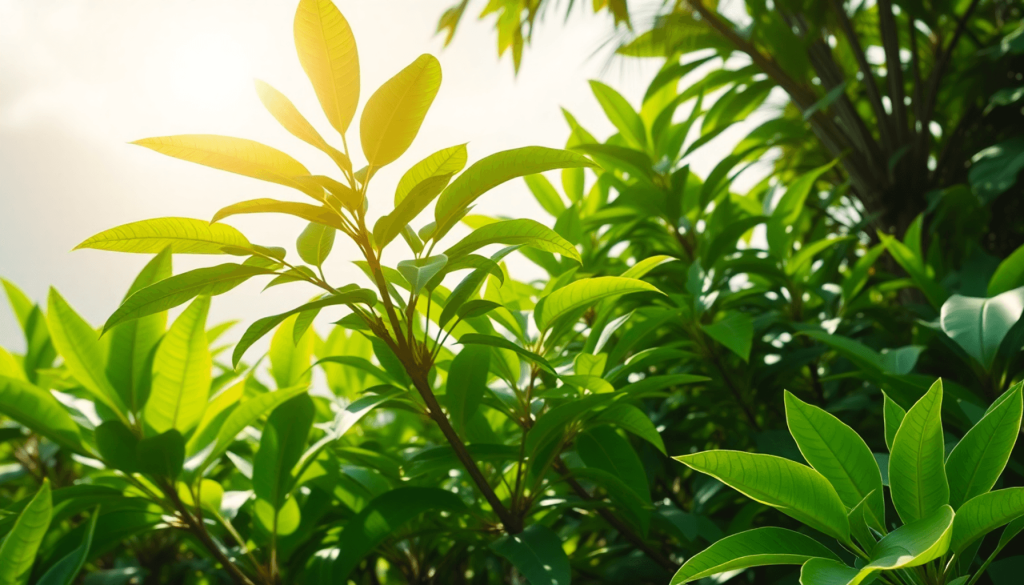 A minimalist tropical landscape with a kratom tree and vibrant green leaves, surrounded by traditional herbs and tea leaves, evoking wellness and nature.