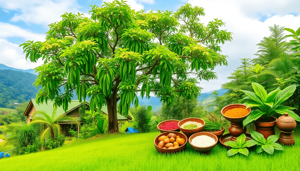Lush Moringa tree in a tropical setting with traditional herbal dishes and remedies displayed nearby, highlighting cultural heritage and health benefits.